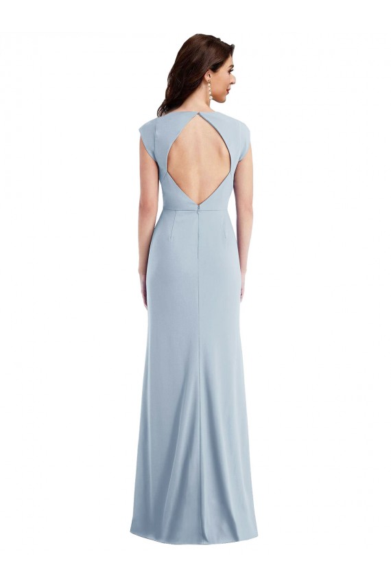 Cap Sleeve Open Back Trumpet Crepe Maxi Dress with Front Slit UK