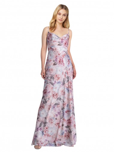 Draped Cowl Neck Long Printed Stretch Satin Evening Dress UK