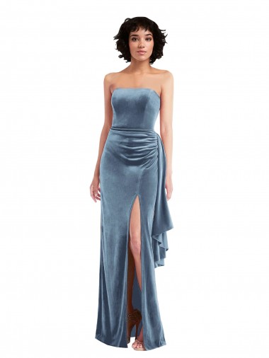 Strapless Velvet Formal Evening Dress / Maxi Dress with Draped Skirt UK