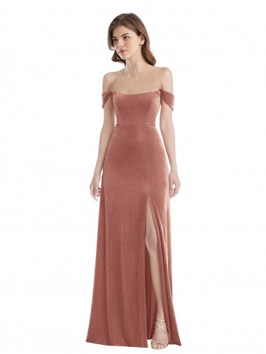 Off the Shoulder Flounce Sleeve Velvet Evening Dress with Pockets UK