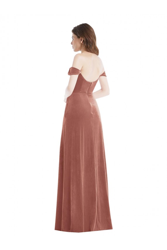 Off the Shoulder Flounce Sleeve Velvet Evening Dress with Pockets UK
