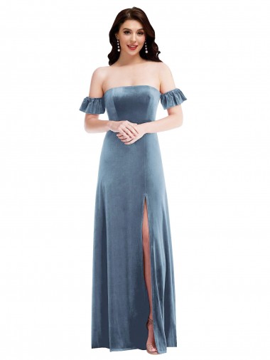 Ruffle Sleeve Off the Shoulder Velvet Evening Dress / Maxi Dress UK