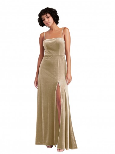 Square Neck Velvet Formal Evening Dress / Maxi Dress with Front Slit & Pocket UK