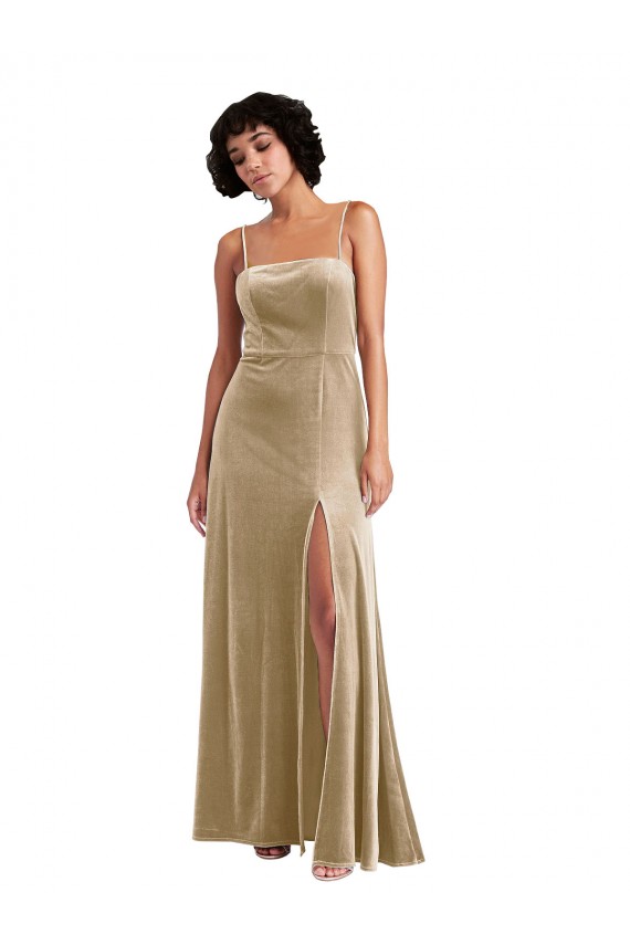 Square Neck Velvet Formal Evening Dress / Maxi Dress with Front Slit & Pocket UK