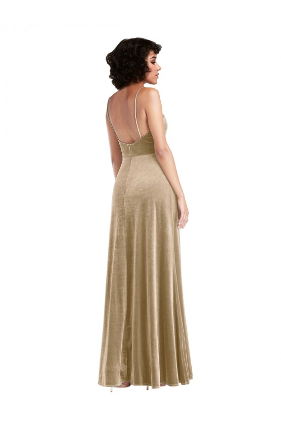 Square Neck Velvet Formal Evening Dress / Maxi Dress with Front Slit & Pocket UK