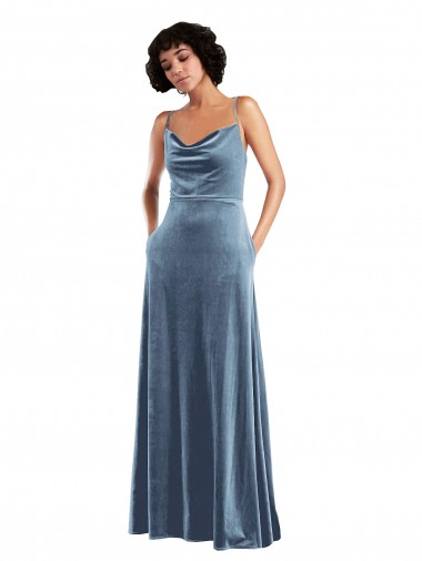 Sleek Cowl Neck Velvet Evening Dress / Maxi Dress with Pockets UK