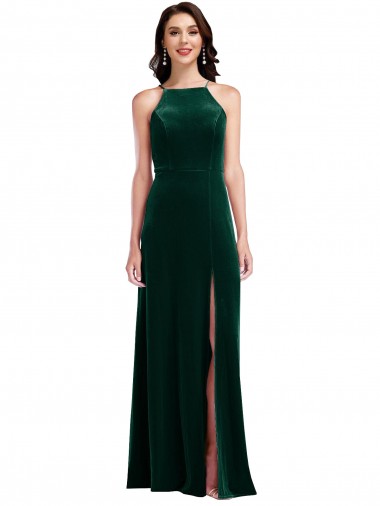 Velvet Halter Evening Dress / Maxi Dress with Pockets and Front Slit UK