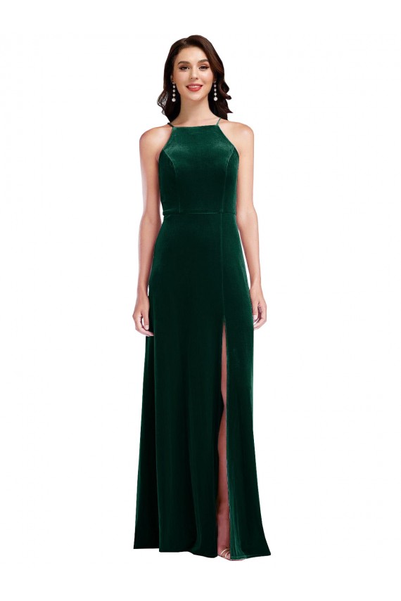 Velvet Halter Evening Dress / Maxi Dress with Pockets and Front Slit UK