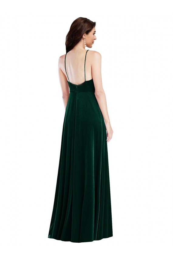 Velvet Halter Evening Dress / Maxi Dress with Pockets and Front Slit UK