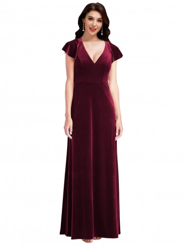 Flutter Sleeve Velvet Evening Dress / Maxi Dress with Pockets UK