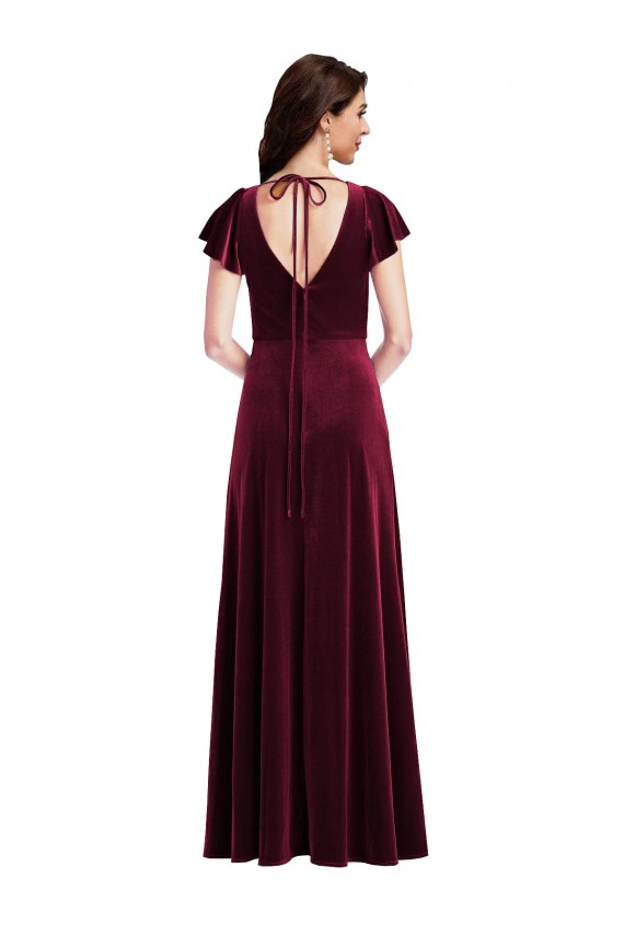 Flutter Sleeve Velvet Evening Dress / Maxi Dress with Pockets UK