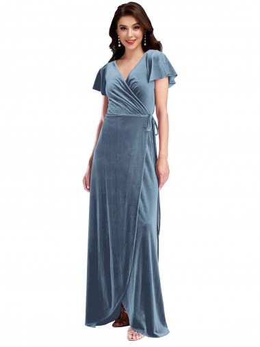 Flutter Sleeve Velvet Wrap Evening Dress / Bridesmaid Maxi Dress with Pockets UK