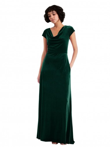 Cowl Neck Cap Sleeve Velvet Evening Dress / Bridesmaid Maxi Dress with Pockets UK