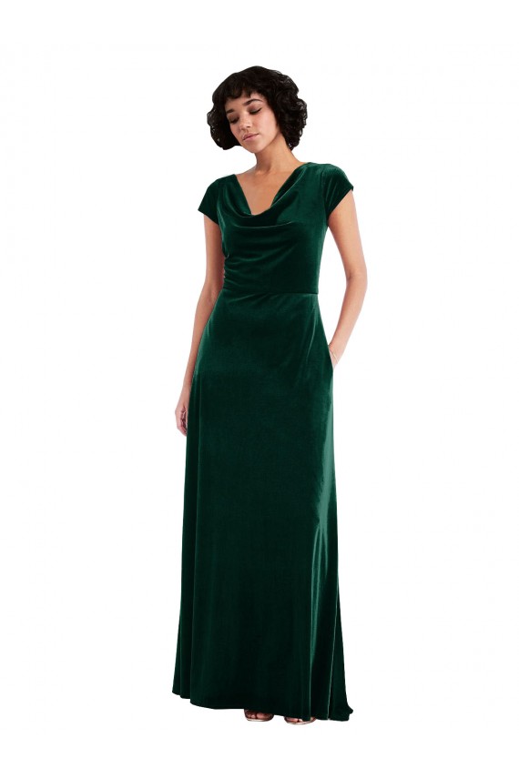 Cowl Neck Cap Sleeve Velvet Evening Dress / Bridesmaid Maxi Dress with Pockets UK