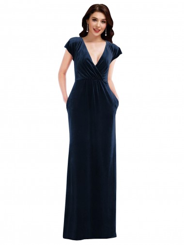 Flutter Sleeve Wrap Bodice Velvet Formal Maxi  Evening Dress / Bridesmaid Dress with Pockets UK