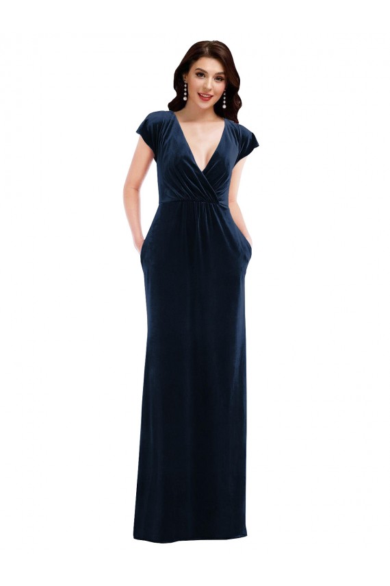 Flutter Sleeve Wrap Bodice Velvet Formal Maxi  Evening Dress / Bridesmaid Dress with Pockets UK