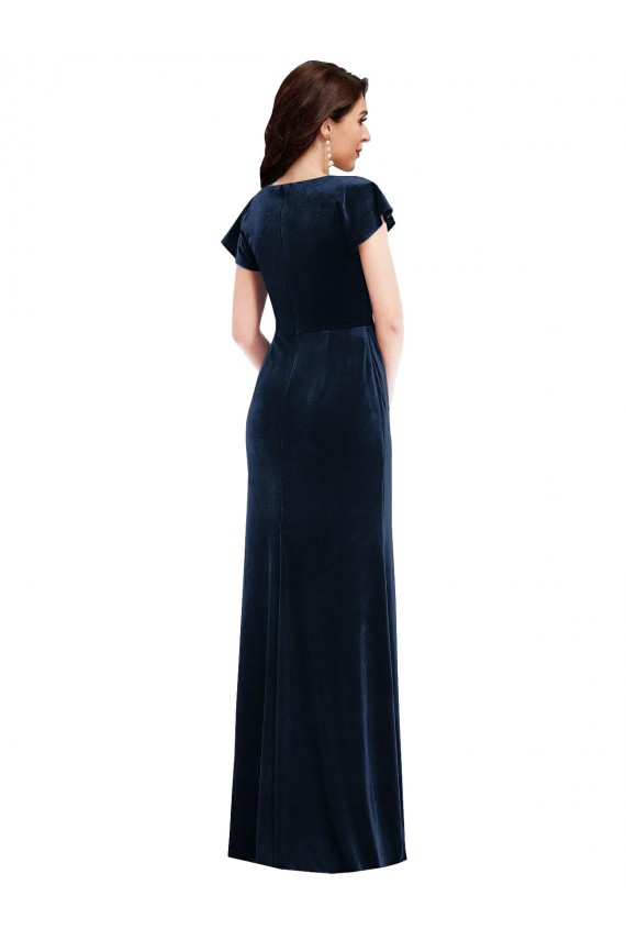 Flutter Sleeve Wrap Bodice Velvet Formal Maxi  Evening Dress / Bridesmaid Dress with Pockets UK