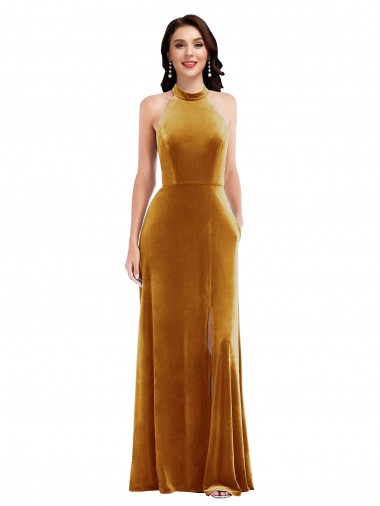 High-Neck Halter Velvet Evening Dress / Maxi Dress with Front Slit UK