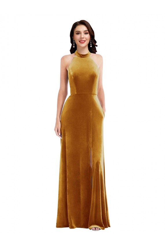 High-Neck Halter Velvet Evening Dress / Maxi Dress with Front Slit UK