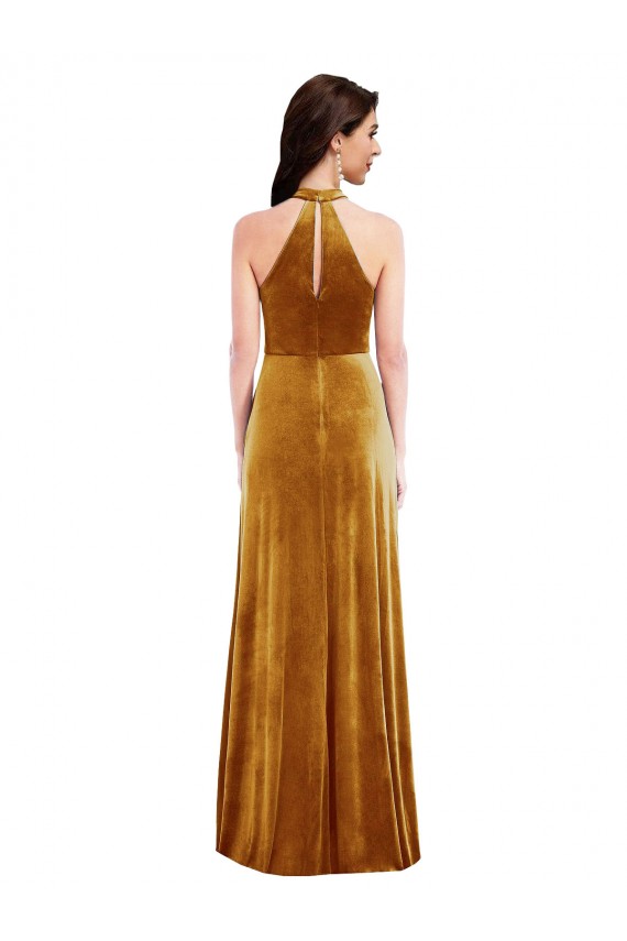 High-Neck Halter Velvet Evening Dress / Maxi Dress with Front Slit UK