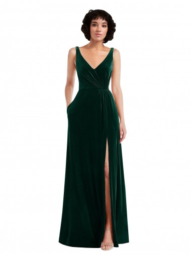Floor Length Velvet Evening Dress / Bridesmaid Maxi Dress with Shirred Bodice and Front Slit UK