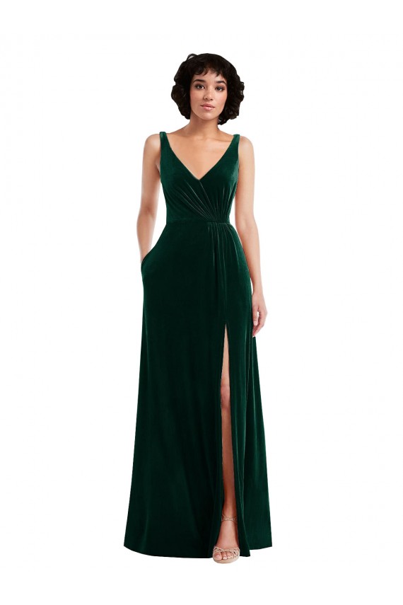 Floor Length Velvet Evening Dress / Bridesmaid Maxi Dress with Shirred Bodice and Front Slit UK