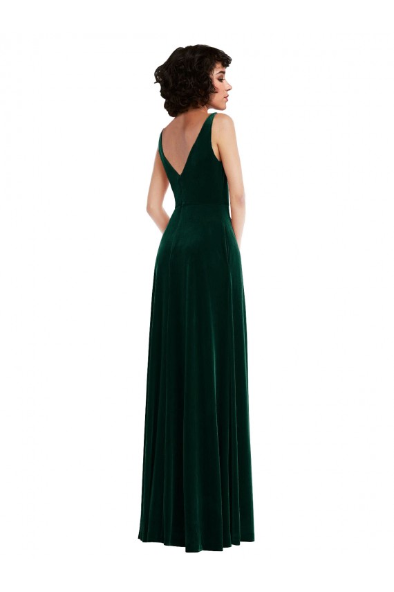 Floor Length Velvet Evening Dress / Bridesmaid Maxi Dress with Shirred Bodice and Front Slit UK