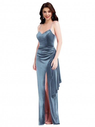 Spaghetti Strap Velvet Formal Evening Dress / Maxi Dress with Draped Skirt UK