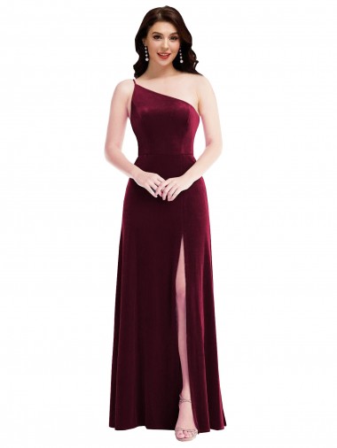 One Shoulder Spaghetti Strap Velvet Evening Dress / Bridesmaid Maxi Dress with Pockets UK