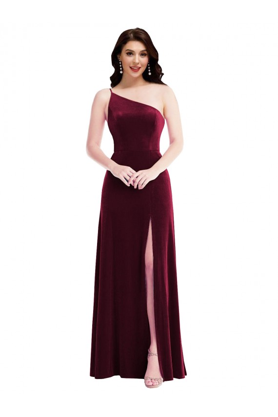 One Shoulder Spaghetti Strap Velvet Evening Dress / Bridesmaid Maxi Dress with Pockets UK