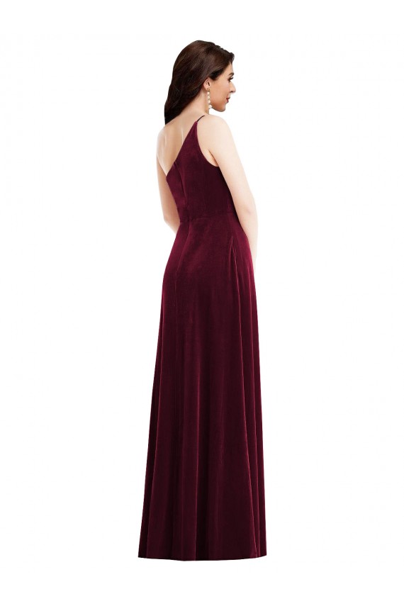 One Shoulder Spaghetti Strap Velvet Evening Dress / Bridesmaid Maxi Dress with Pockets UK