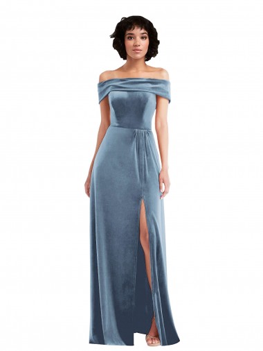 Draped Cuff Off the Shoulder Velvet Evening Dress / Maxi Dress with Pockets UK
