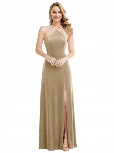 High Neck Halter Open Back Long Velvet Evening Dress / Maxi Dress with Pockets UK