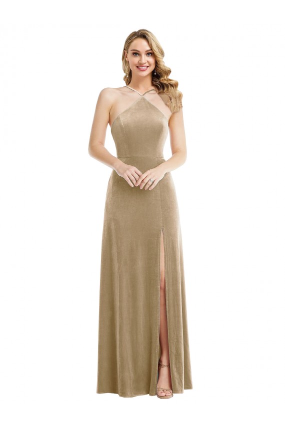 High Neck Halter Open Back Long Velvet Evening Dress / Maxi Dress with Pockets UK