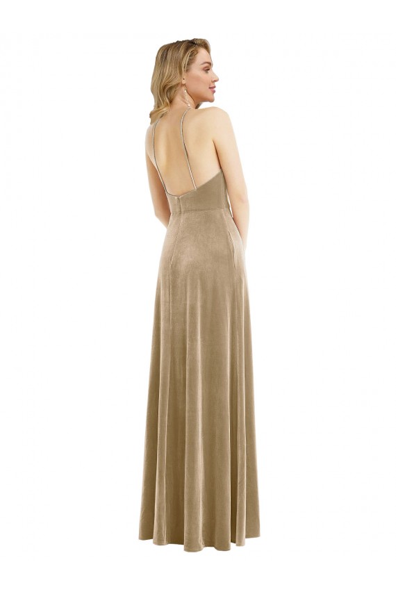 High Neck Halter Open Back Long Velvet Evening Dress / Maxi Dress with Pockets UK