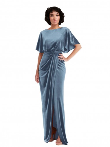 Flutter Sleeve Open Back Velvet Evening Dress / Maxi Dress with Pockets & Draped Wrap Skirt UK