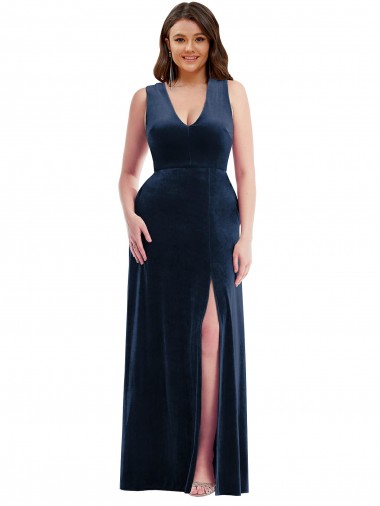 Deep V-Neck Sleeveless Velvet Formal Evening Dress / Bridesmaid Maxi Dress with Pockets UK