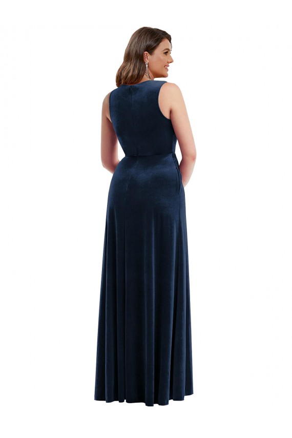 Deep V-Neck Sleeveless Velvet Formal Evening Dress / Bridesmaid Maxi Dress with Pockets UK